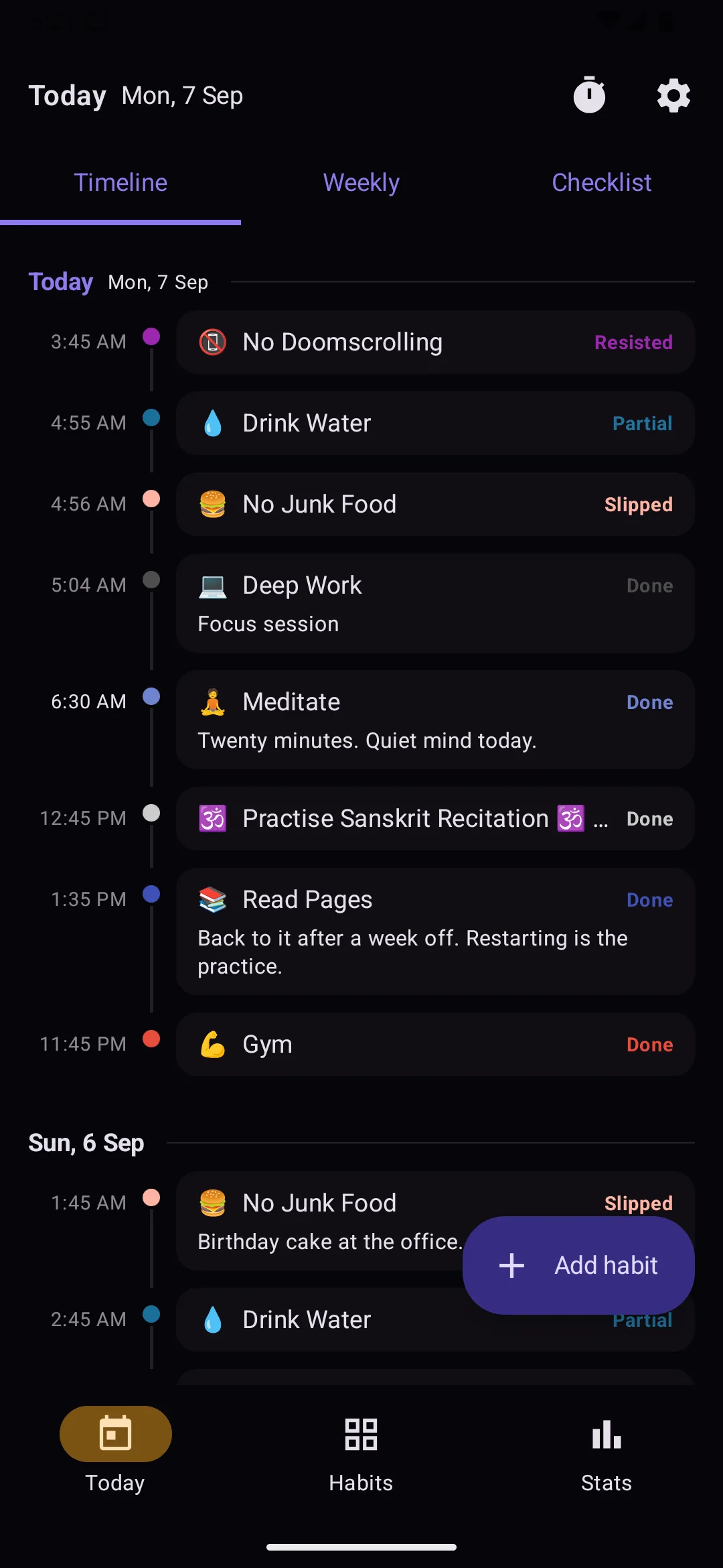The Timeline view, a chronological history of logged habits
