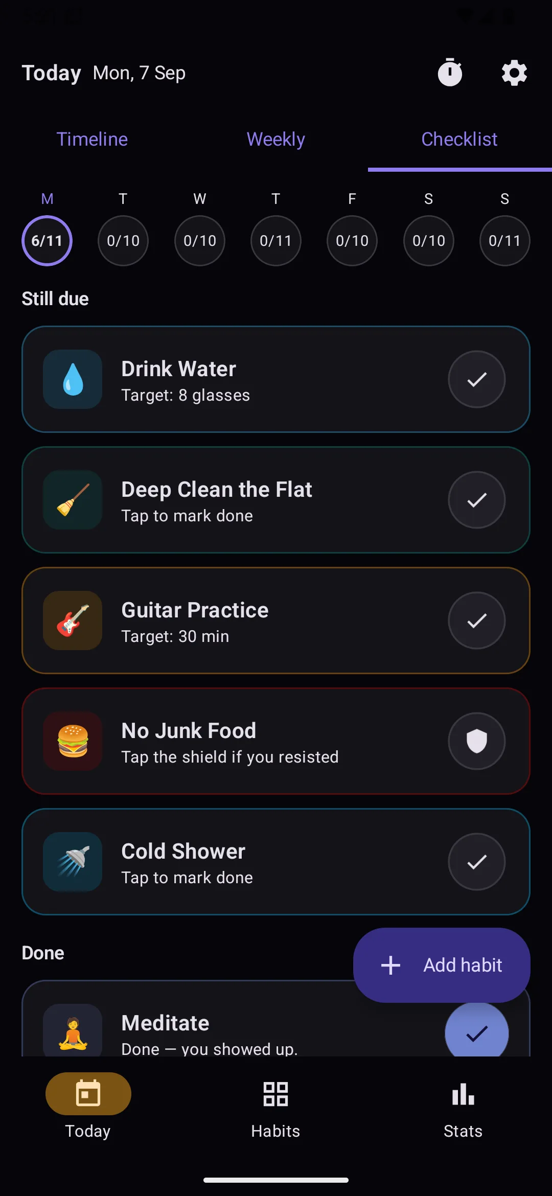 The Today screen in checklist mode, with habits ready to tap