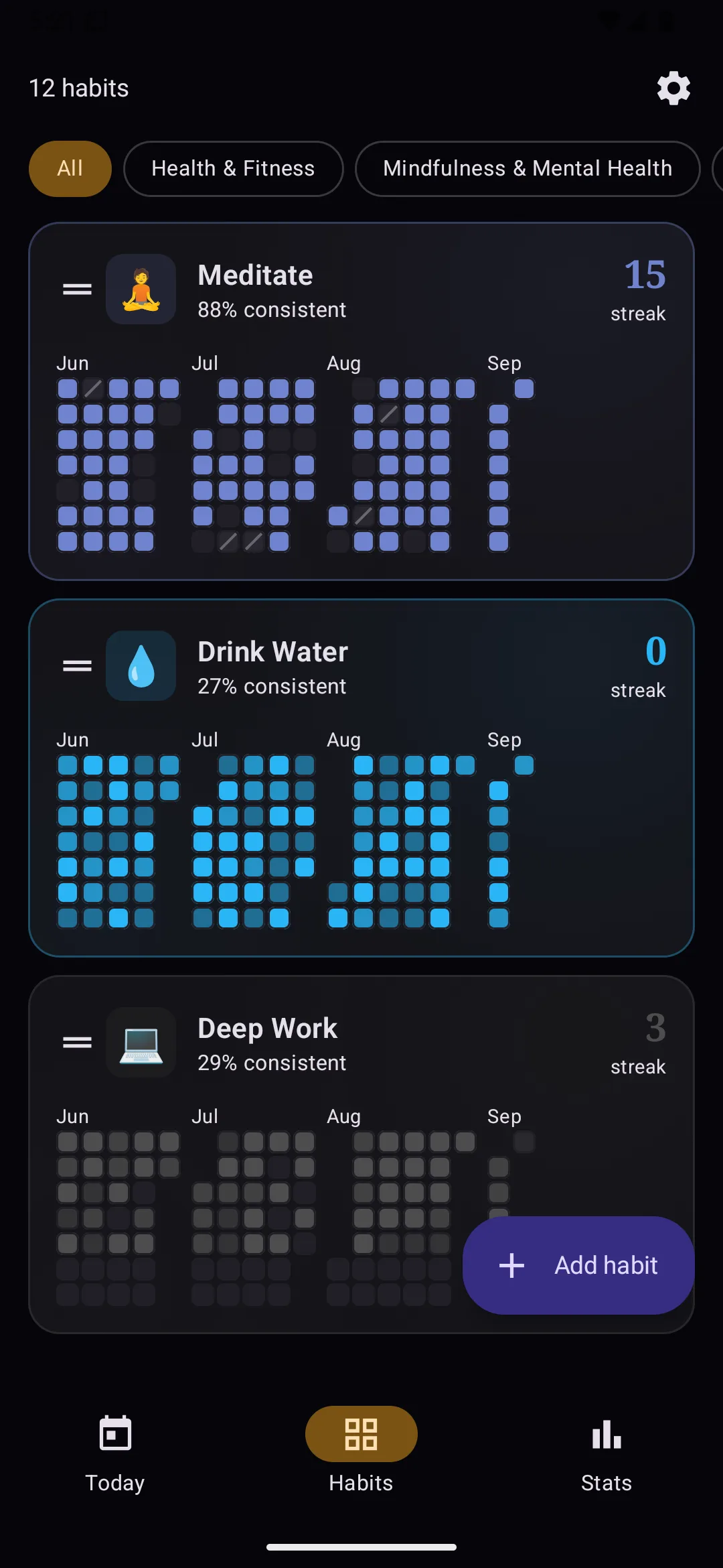 The Habits list, showing every tracked habit and its streak
